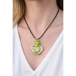 Green Glass Heart Bottle Necklace with Cork Stopper on Black Cord